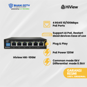 Hiview HIK-106 – 4 Port PoE Switch + 2 Uplink Fast Ethernet | Smart VLAN | Lightning Protection 6KV | CCTV Network Switch