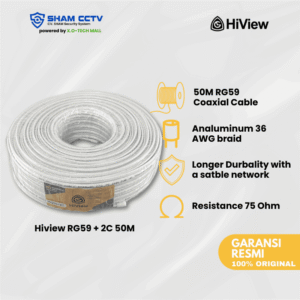 Hiview RG59+P 50 Meter – Kabel Coaxial 75Ω + Power 2C Low Loss untuk CCTV Analog & HD Outdoor/Indoor